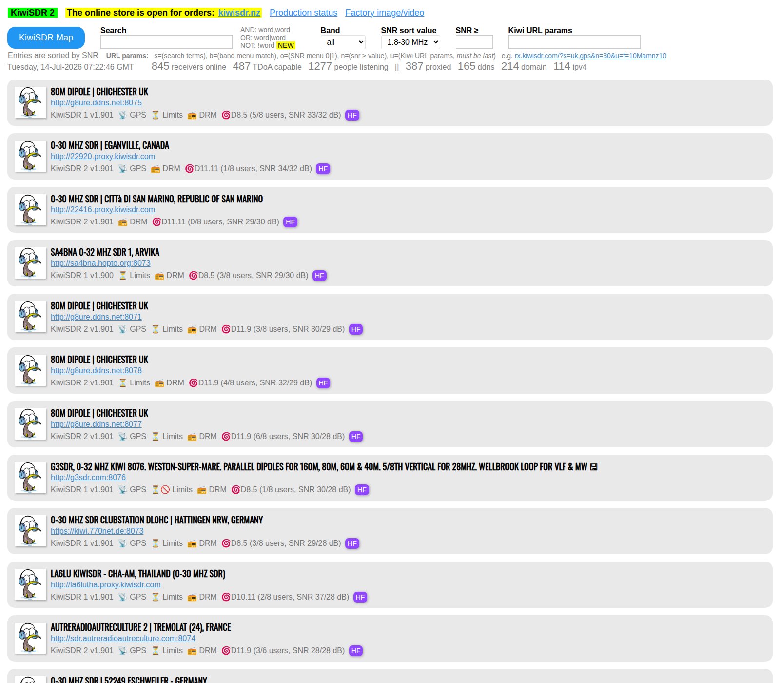 The KiwiSDR public receiver directory