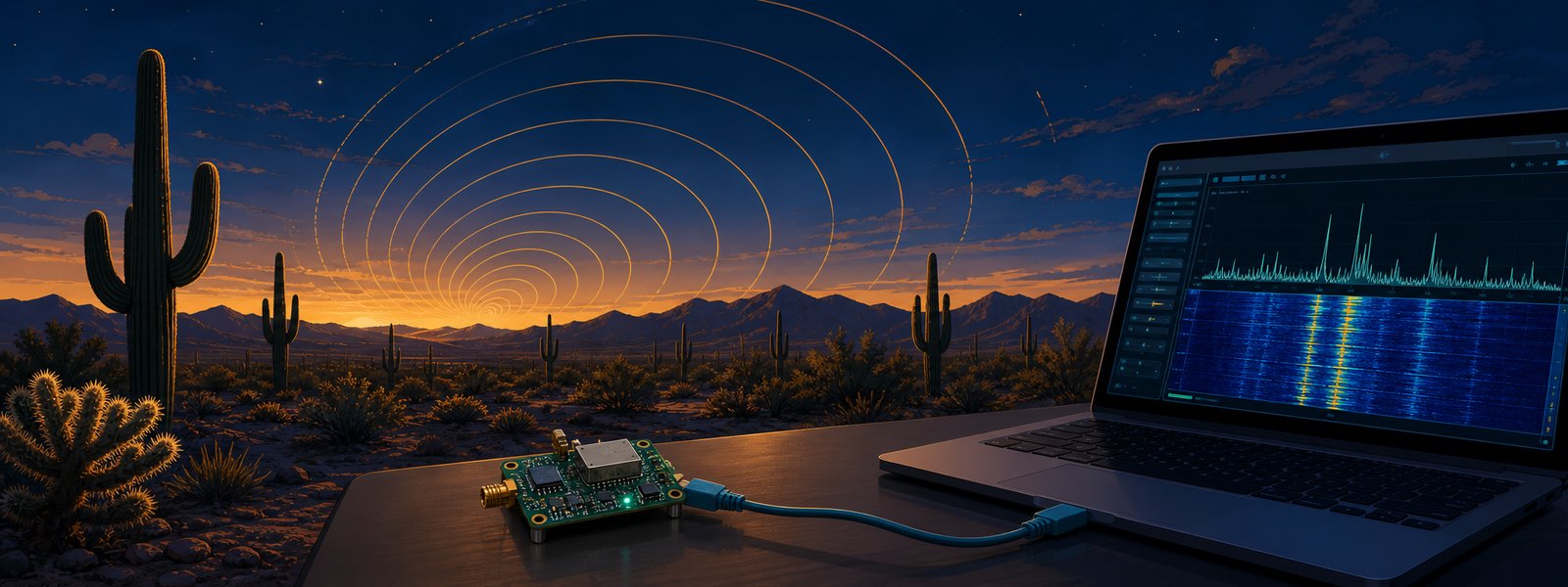 A small circuit-board radio linked by ethernet to a laptop showing a spectrum waterfall