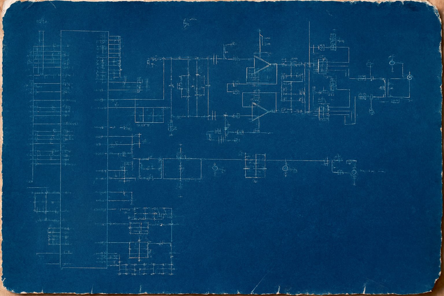 The Hermes-Lite 2 schematic rendered as a cyanotype blueprint print