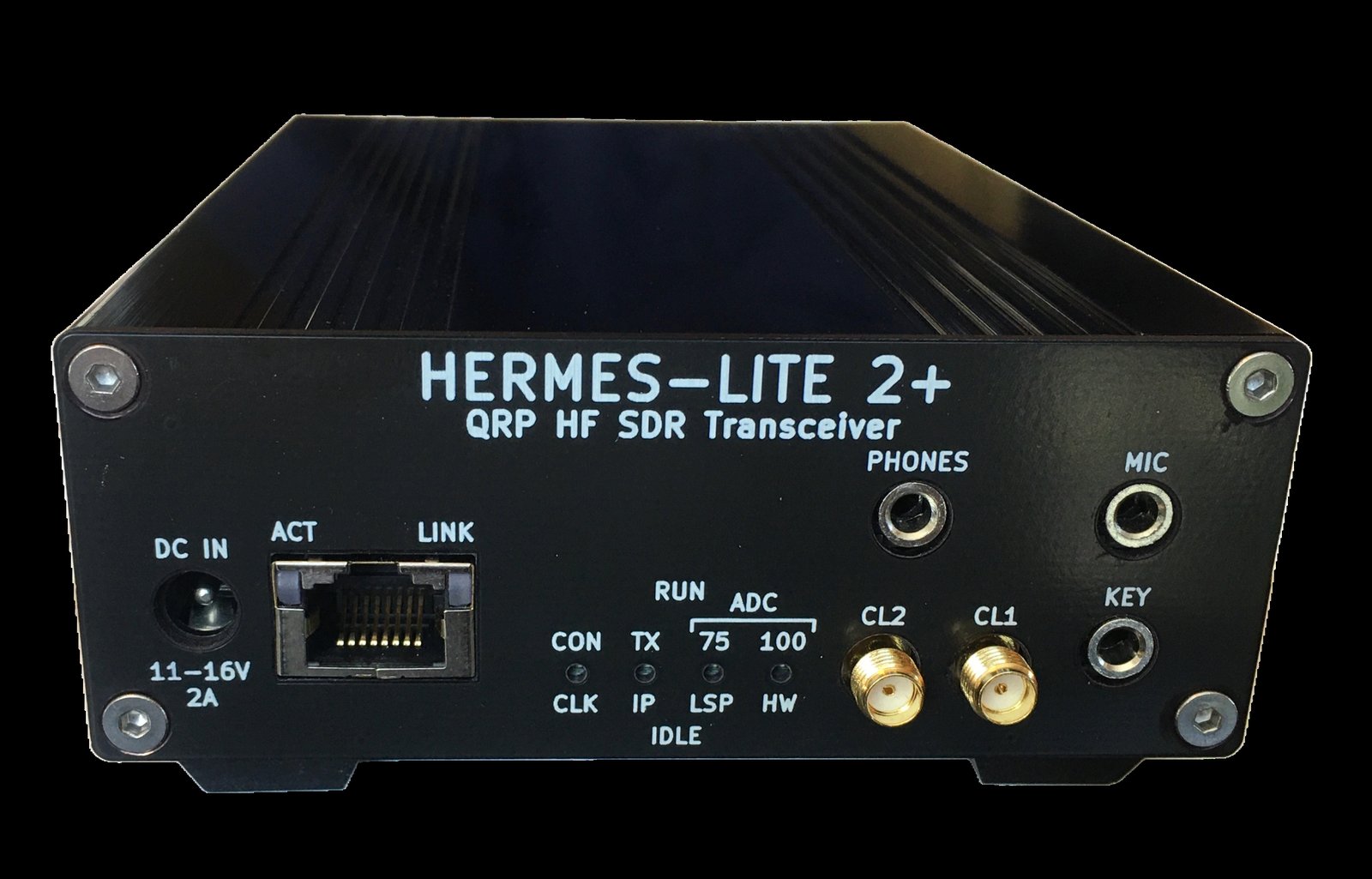 The front panel of a Hermes-Lite 2+ showing PHONES, MIC and KEY jacks