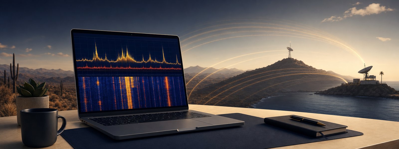 A laptop running a software-defined-radio waterfall, its signals arcing out to distant receivers