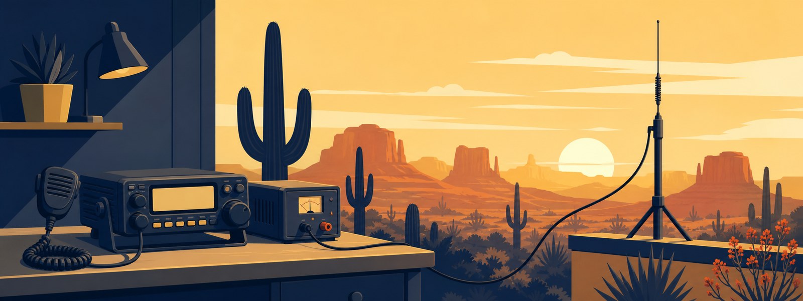 An amateur radio desk with a mobile transceiver and power supply, coax running out to a vertical antenna against an Arizona desert sunset