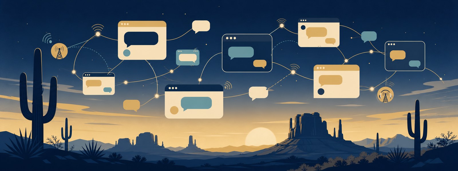 Chat windows and speech bubbles linked together above an Arizona desert skyline at dusk