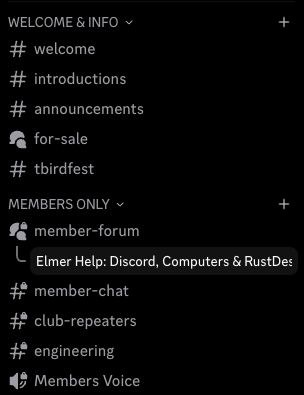 The TBARC Discord channel list, showing welcome and members-only sections with chat and forum channels