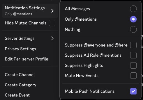 Discord's server notification settings menu with Only @mentions selected