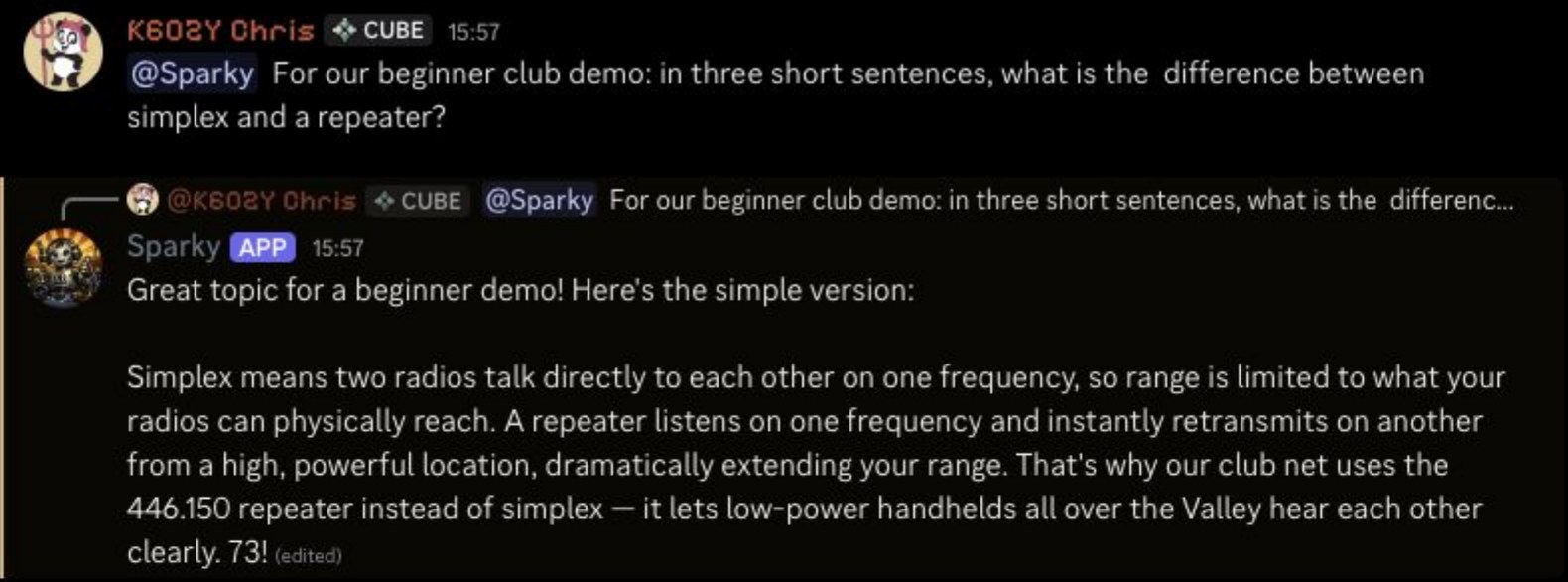 A Discord conversation in which Sparky answers a question about the difference between simplex and a repeater