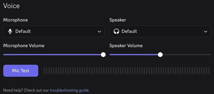 Discord's Voice settings panel showing microphone and speaker device pickers, volume sliders and a Mic Test button