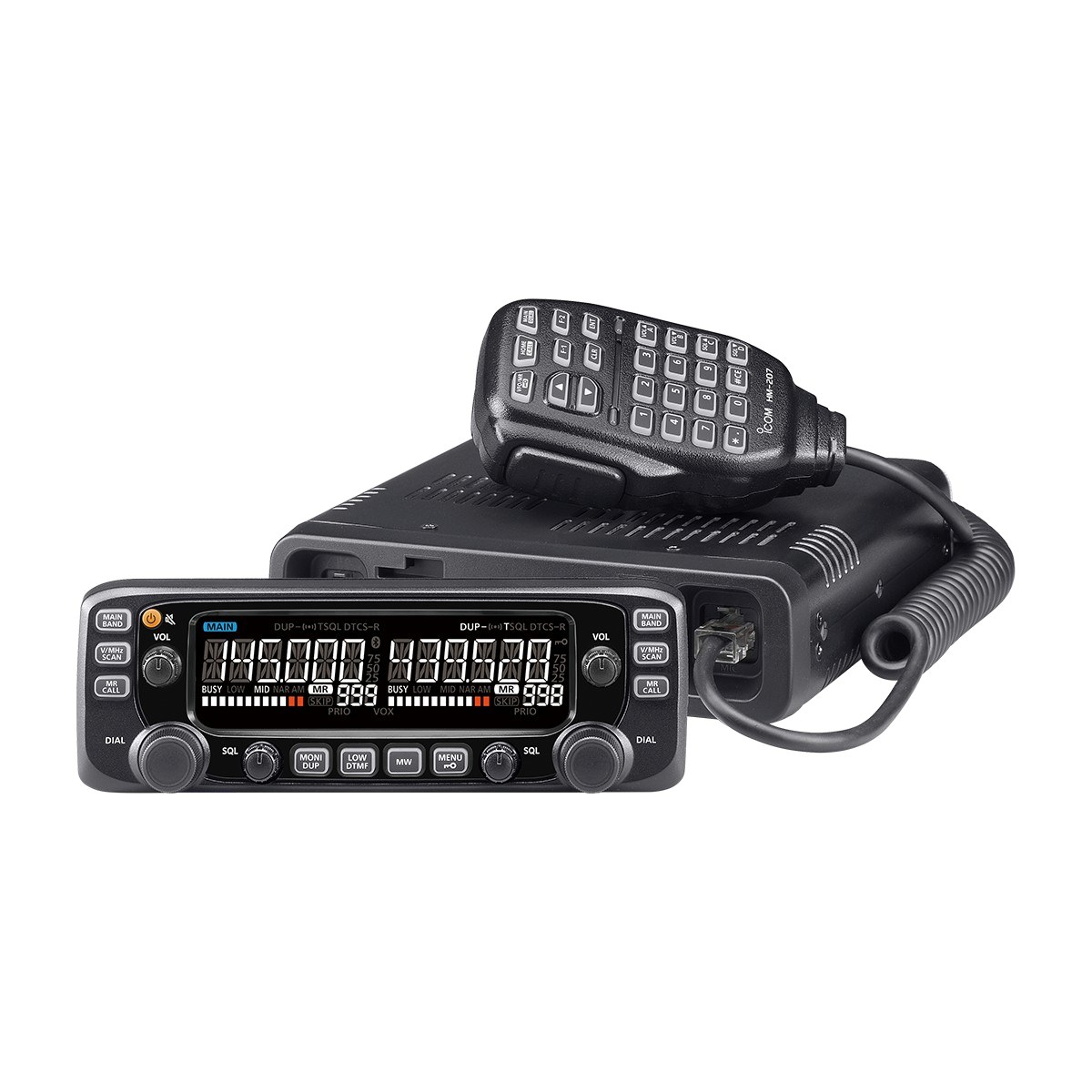 An Icom IC-2730A dual-band mobile transceiver with its detachable control head and microphone