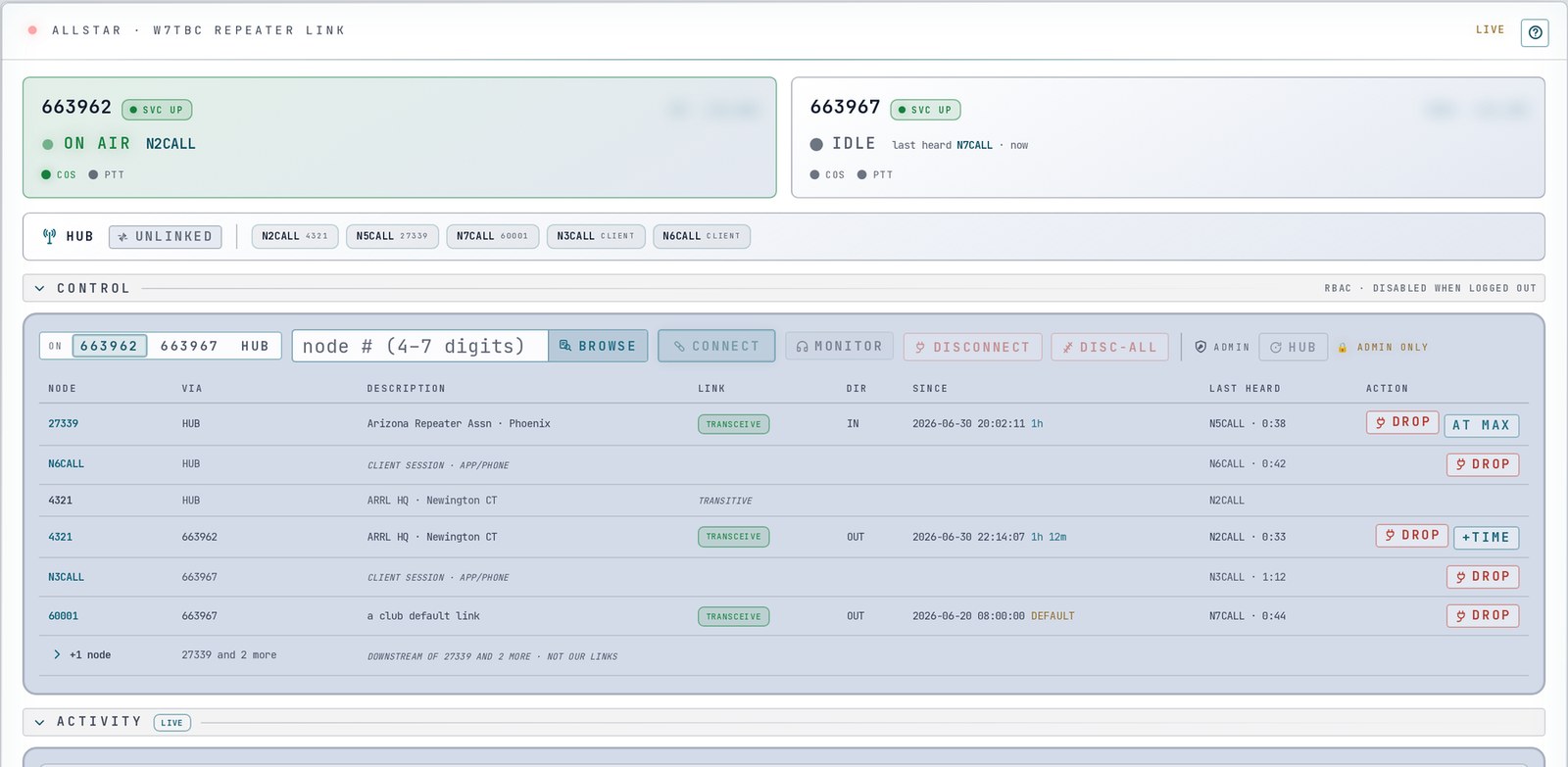 The AllStar Link tile for a signed-in member: the "on" selector set to 663962, the node box, Browse, Connect and Monitor, and a connected-nodes table with drop and +time buttons.