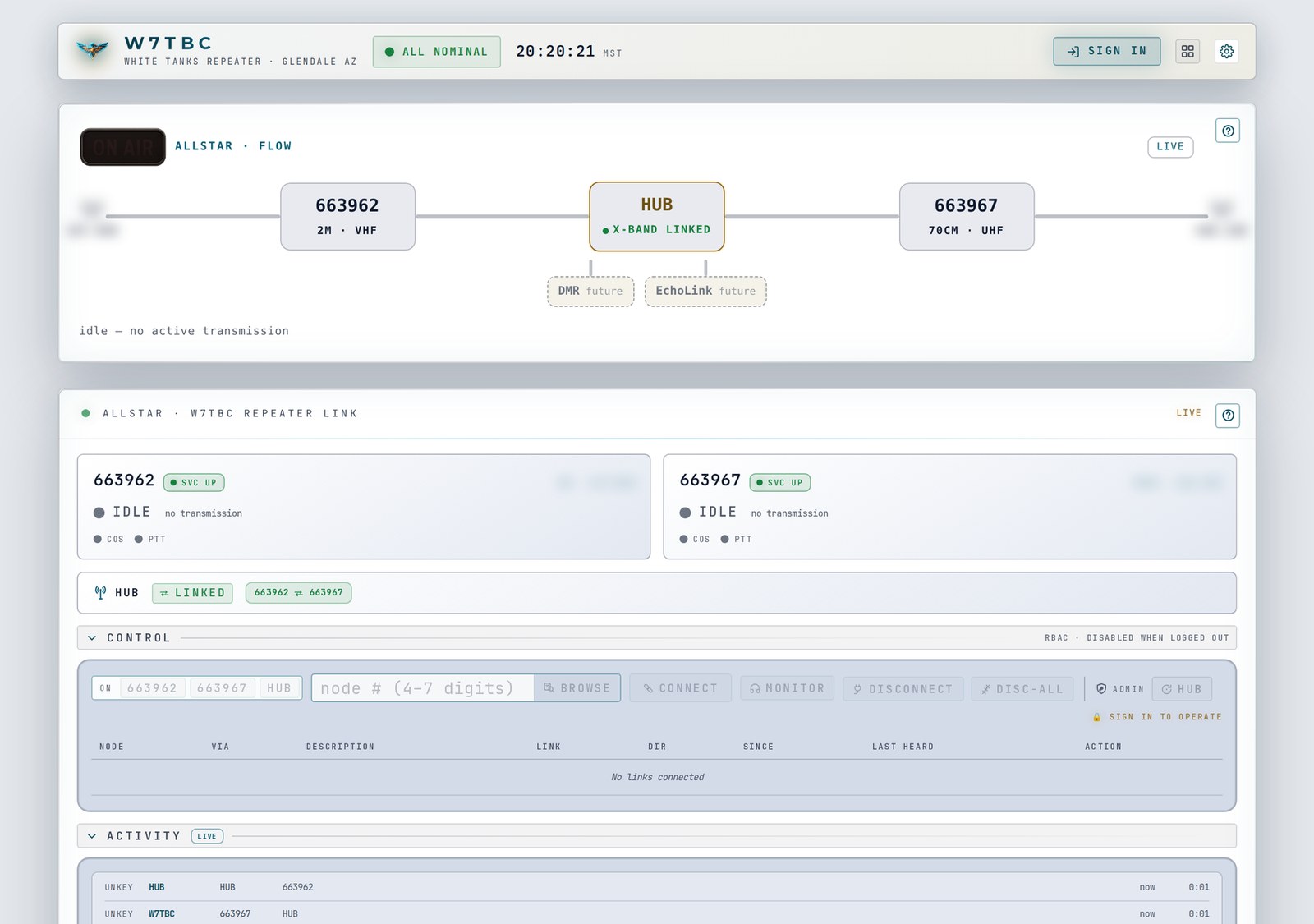 The console signed out, in the light theme: the masthead across the top, then the AllStar Flow and AllStar Link tiles.