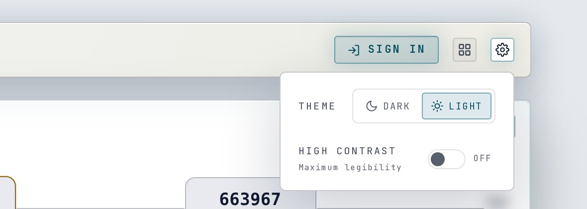 The display settings menu open, with Theme Dark or Light and the High Contrast switch.